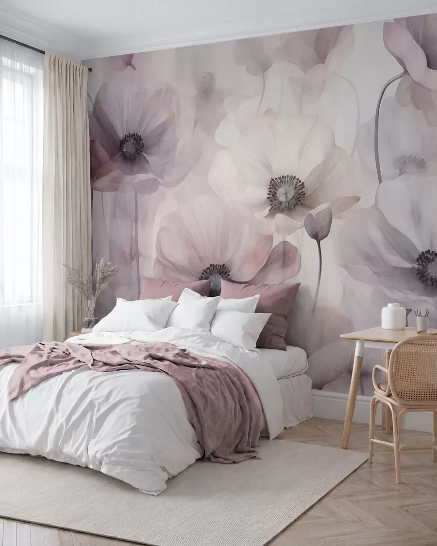 murales de pared Amapolas de color rosa pálido y blanco con pétalos delicados w10029v1