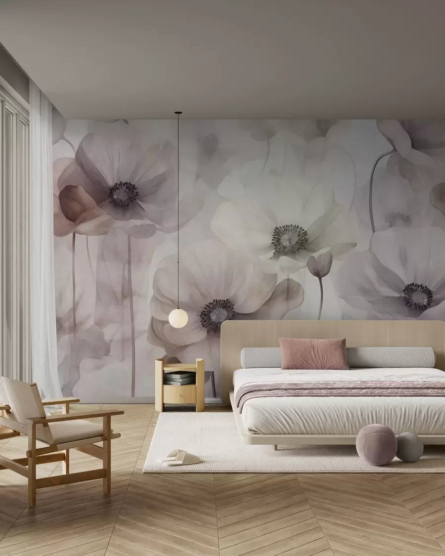 murales de pared Amapolas de color rosa pálido y beige con pétalos delicados w10029