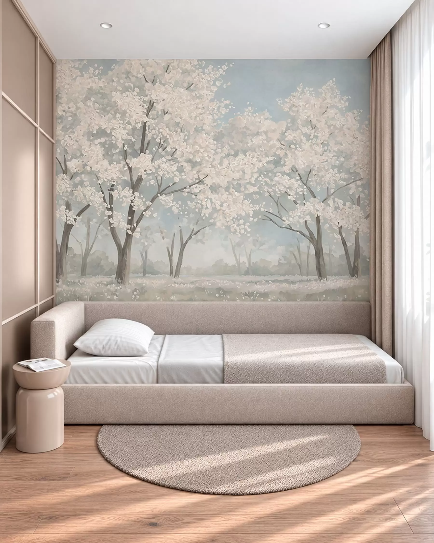 murales de pared Árboles en flor de colores pálidos en un prado, en tonos pastel w05897