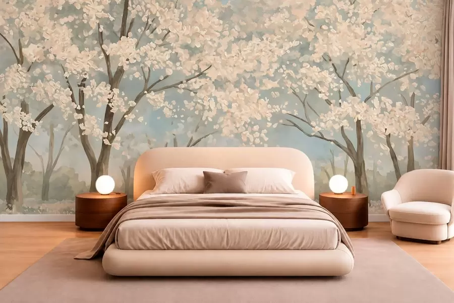 murales de pared Árboles pálidos en flor bajo un cielo azul claro w05897v1