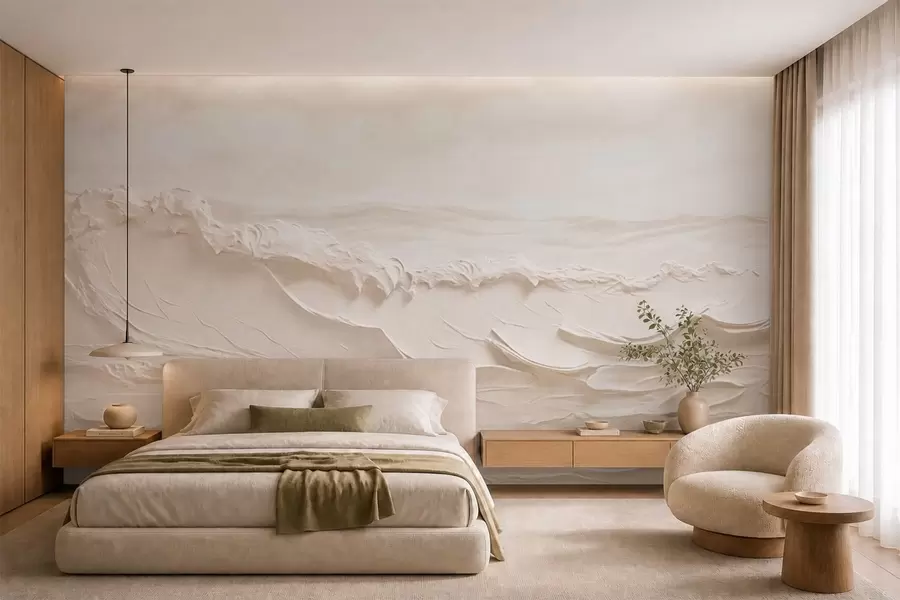 murales de pared Olas marinas claras con textura en tonos cremosos w05898