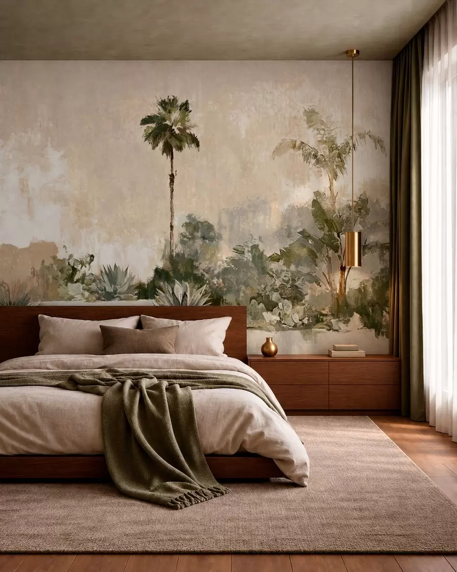 murales de pared Jardín tropical con palmeras y plantas de hojas grandes w05921v1