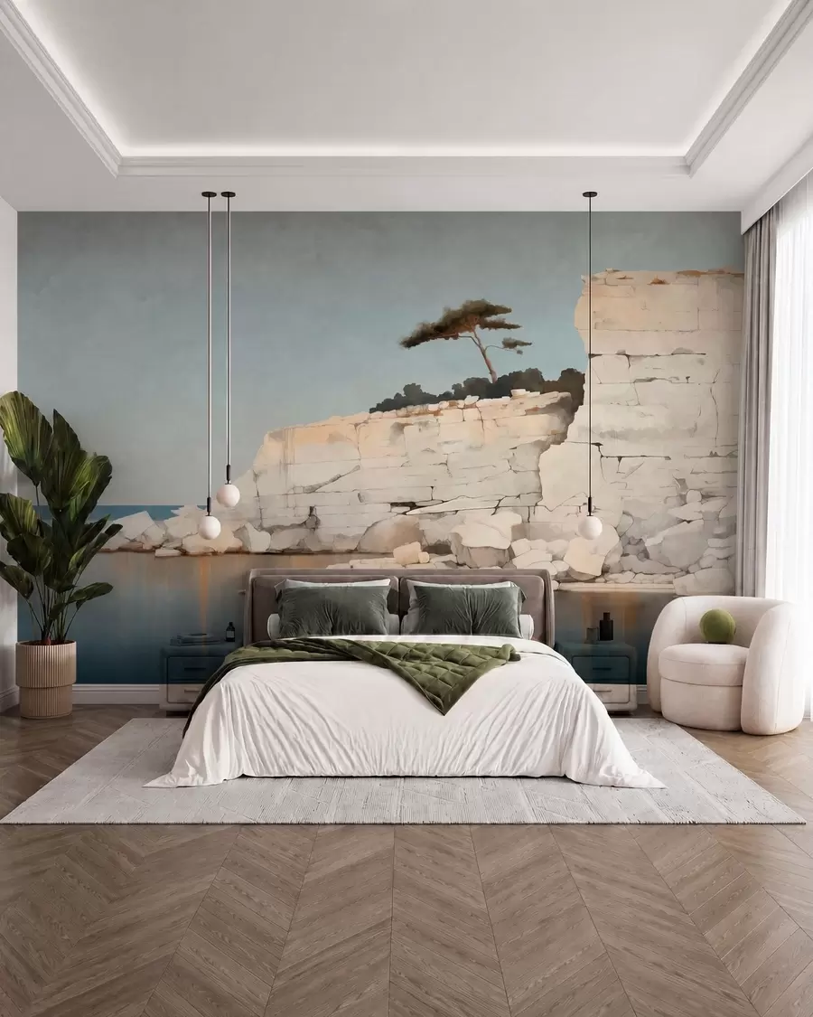murales de pared Acantilados pálidos junto a un mar en calma, con un árbol solitario w05922