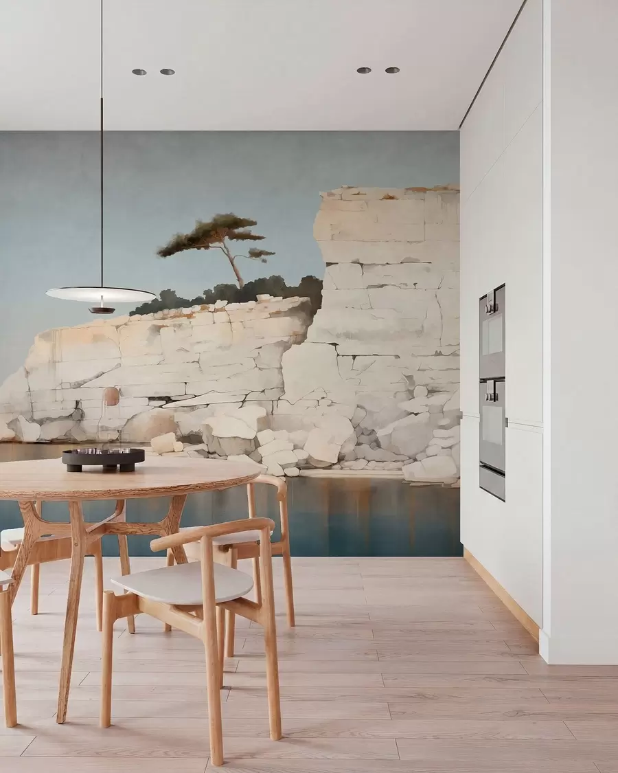 murales de pared Acantilados pálidos junto a un mar en calma, con un árbol solitario w05922