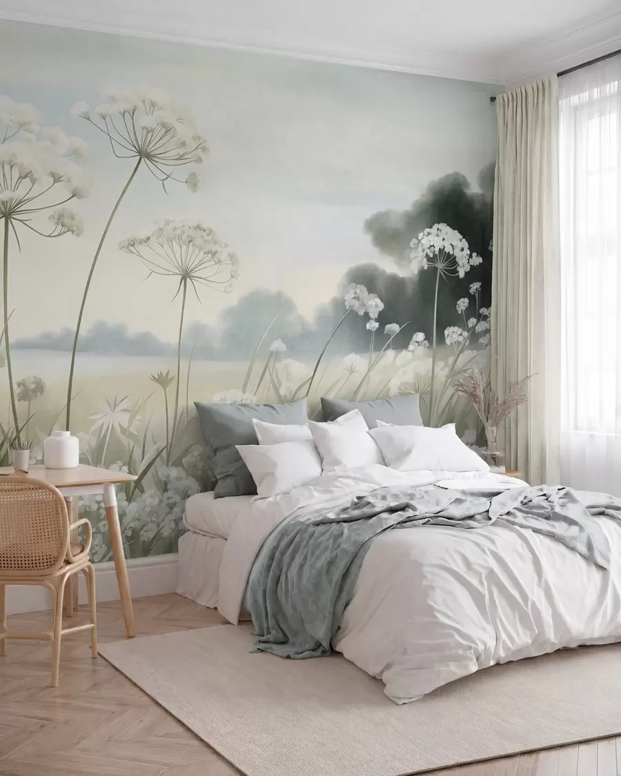 murales de pared Paisaje con flores silvestres y hierbas altas en un campo, colores apagados, con textura w10032