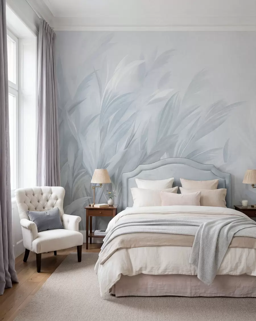 murales de pared Hierba alta y plumosa en suaves tonos azul pastel, con un fondo de textura ligera w10060v2