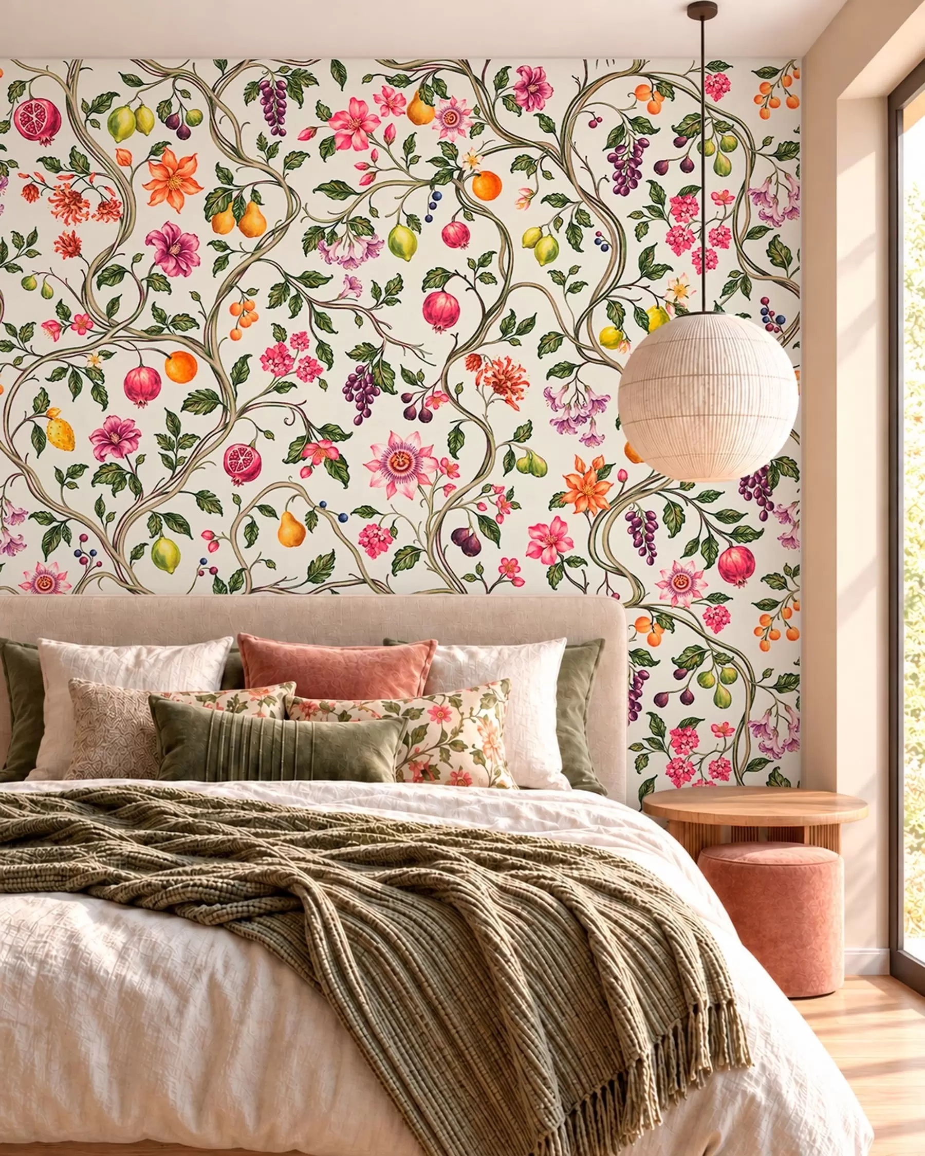 murales de pared Ramas entrelazadas con flores, frutos y hojas verdes w05862