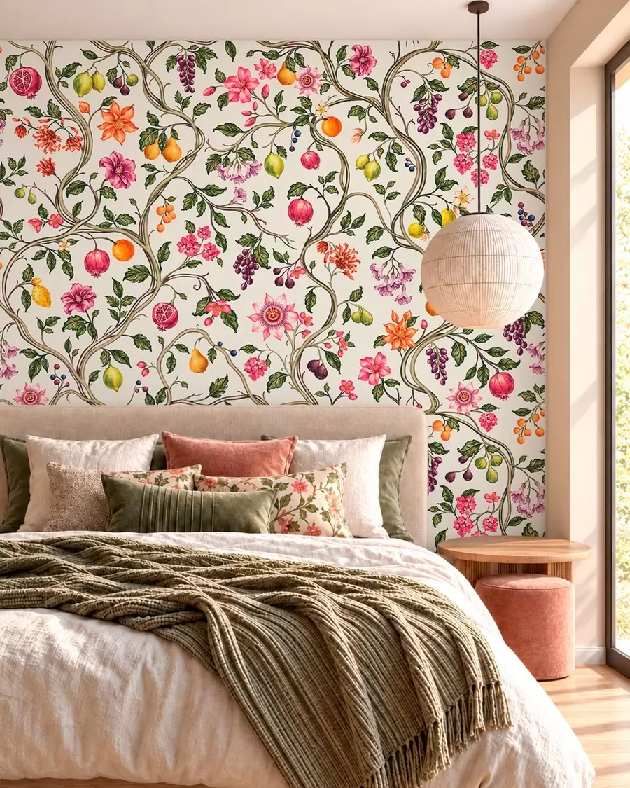 murales de pared Ramas entrelazadas con flores, frutos y hojas verdes w05862