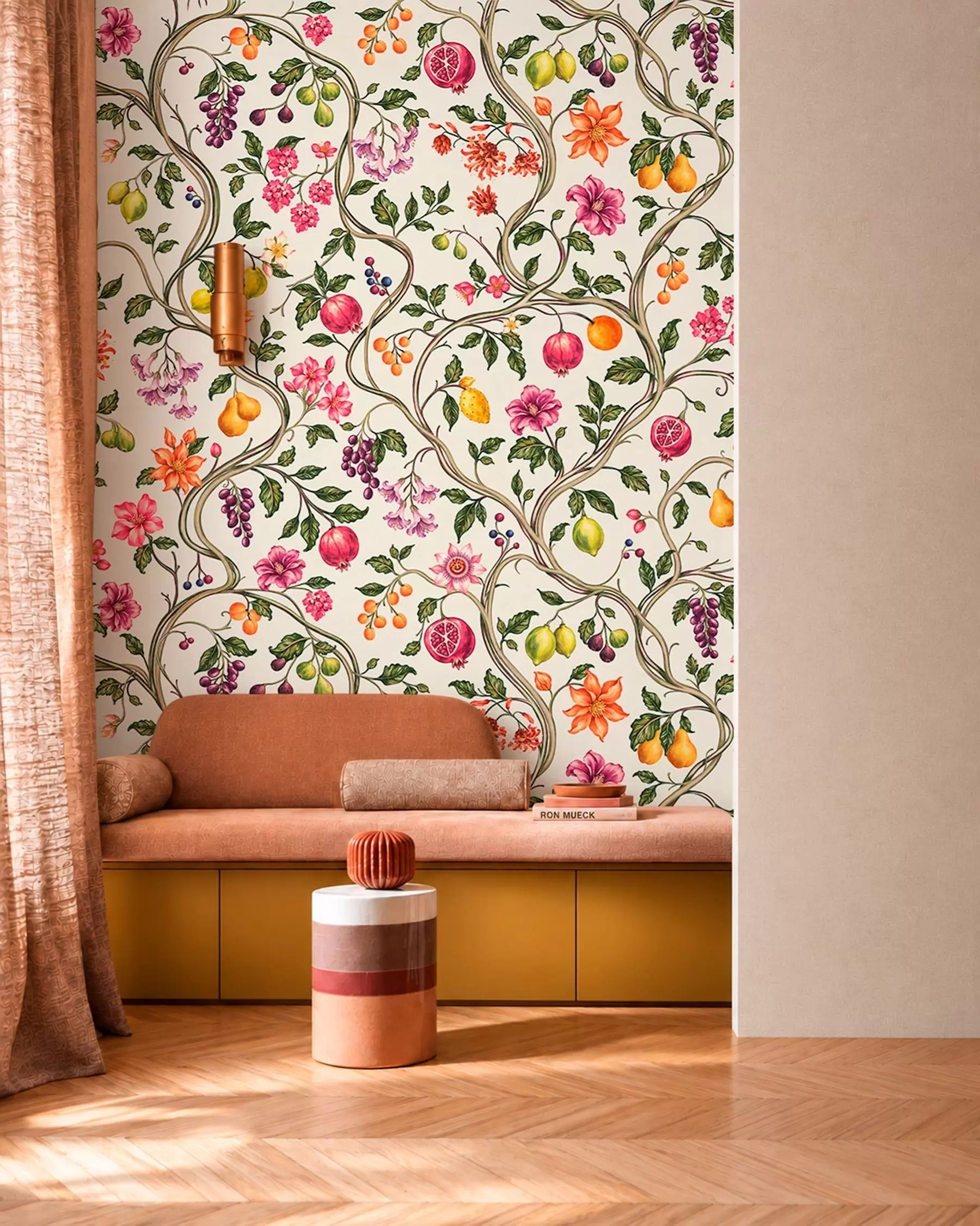 murales de pared Ramas entrelazadas con flores, frutos y hojas verdes w05862