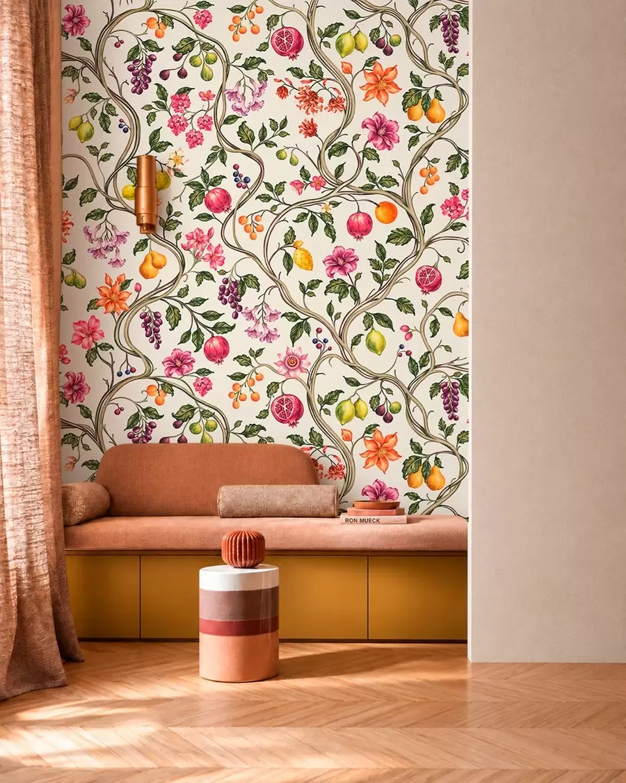 murales de pared Ramas entrelazadas con flores, frutos y hojas verdes w05862