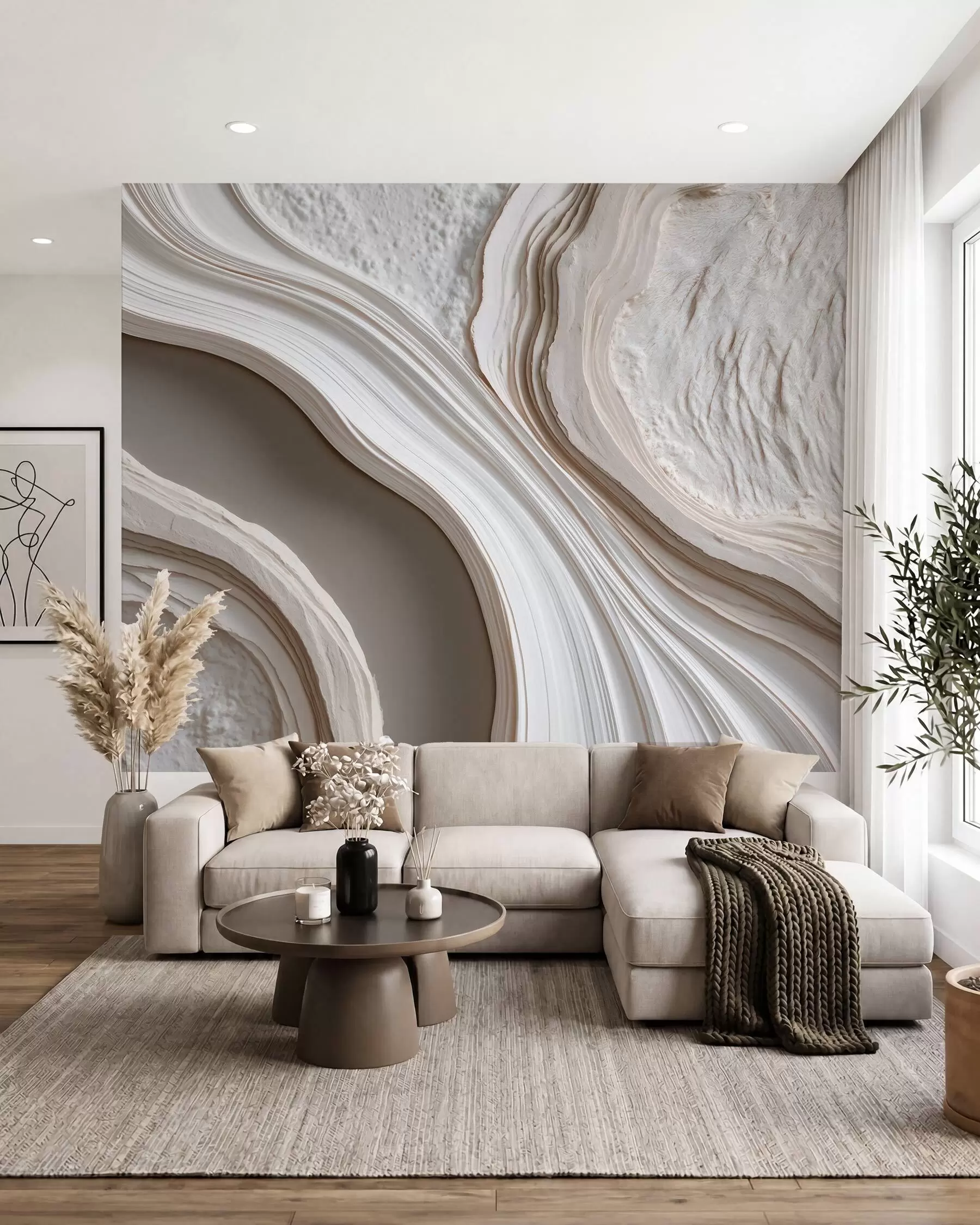 murales de pared Imitación de yeso con textura ondulada en tonos crema-beige con efecto 3D w10042