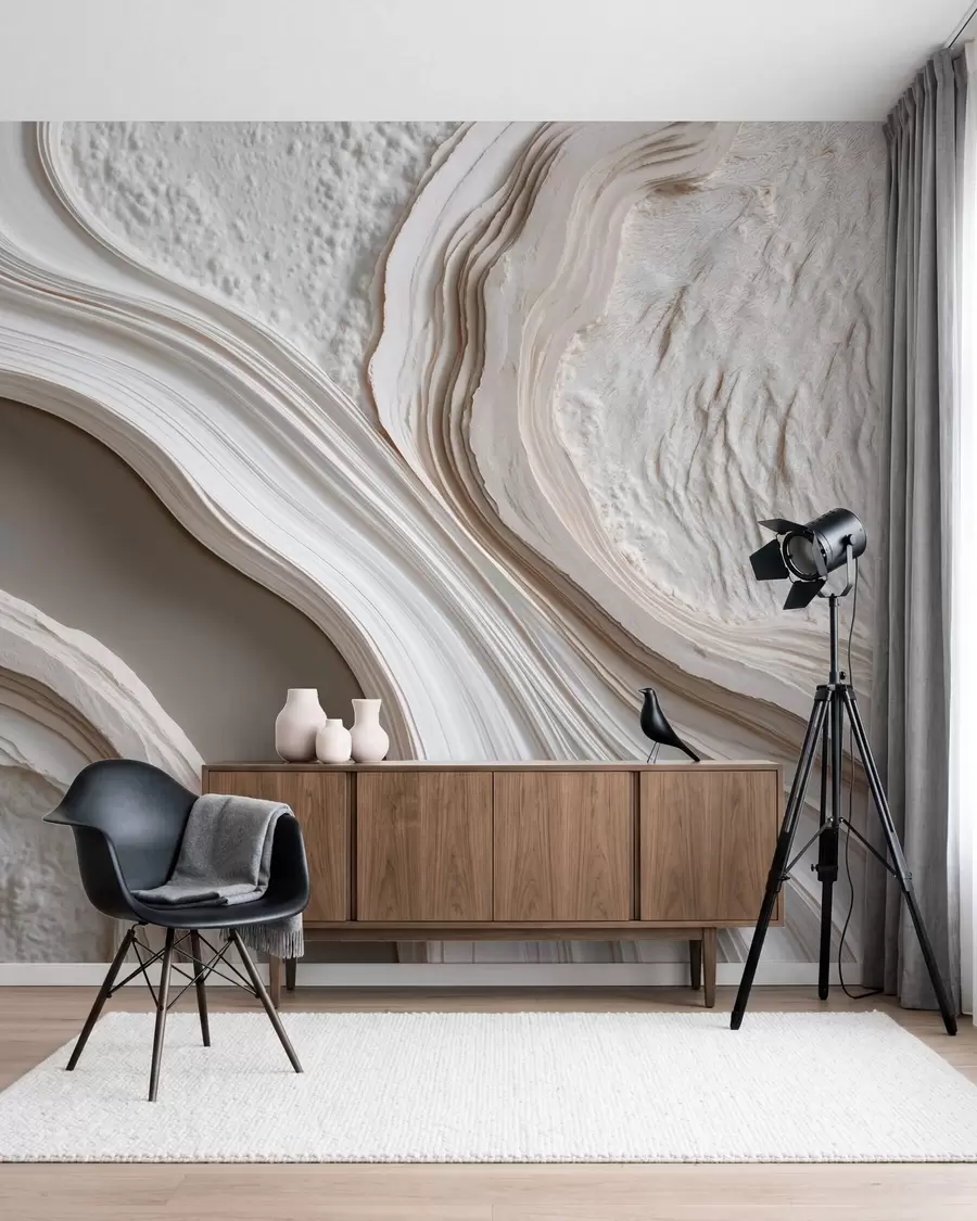 murales de pared Imitación de yeso con textura ondulada en tonos crema-beige con efecto 3D w10042
