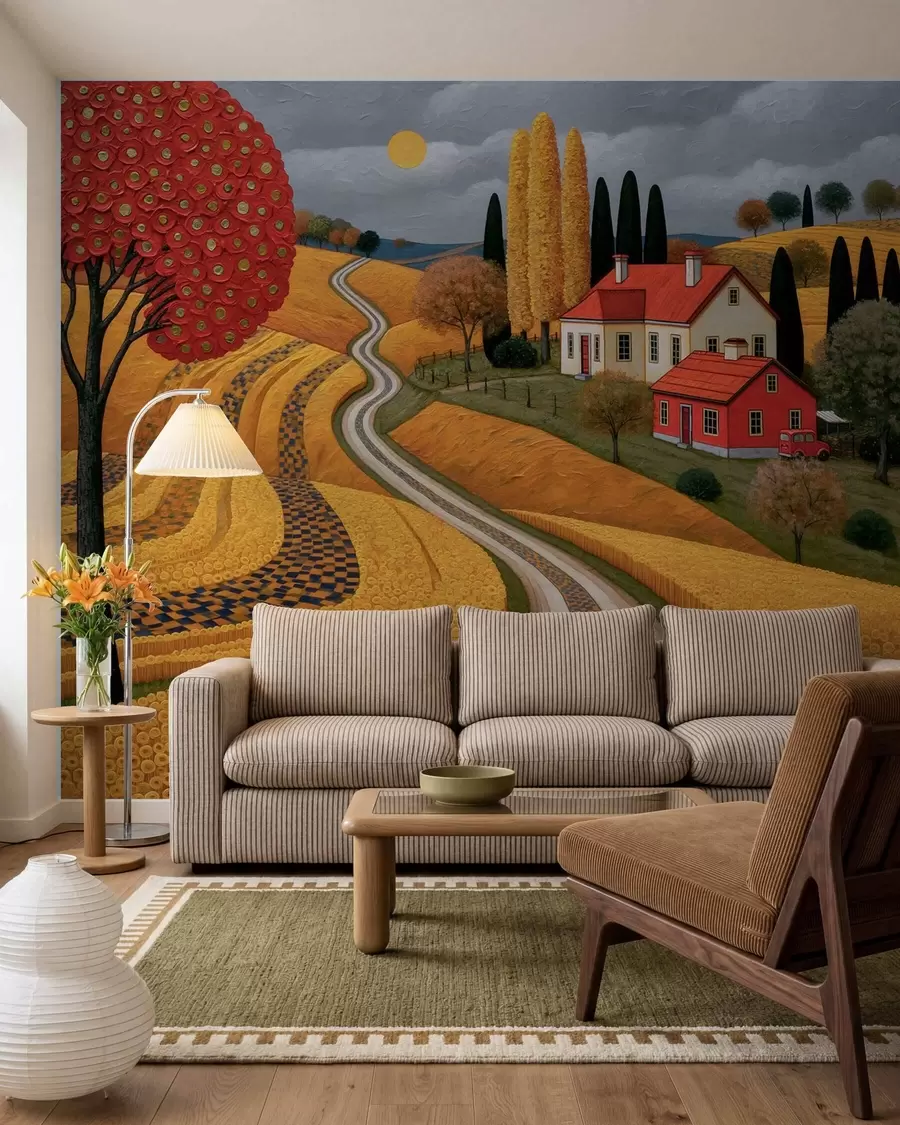 murales de pared Imitación de un pintoresco paisaje toscano pintado al óleo, con un árbol rojo, un camino sinuoso y una casa de campo w10049