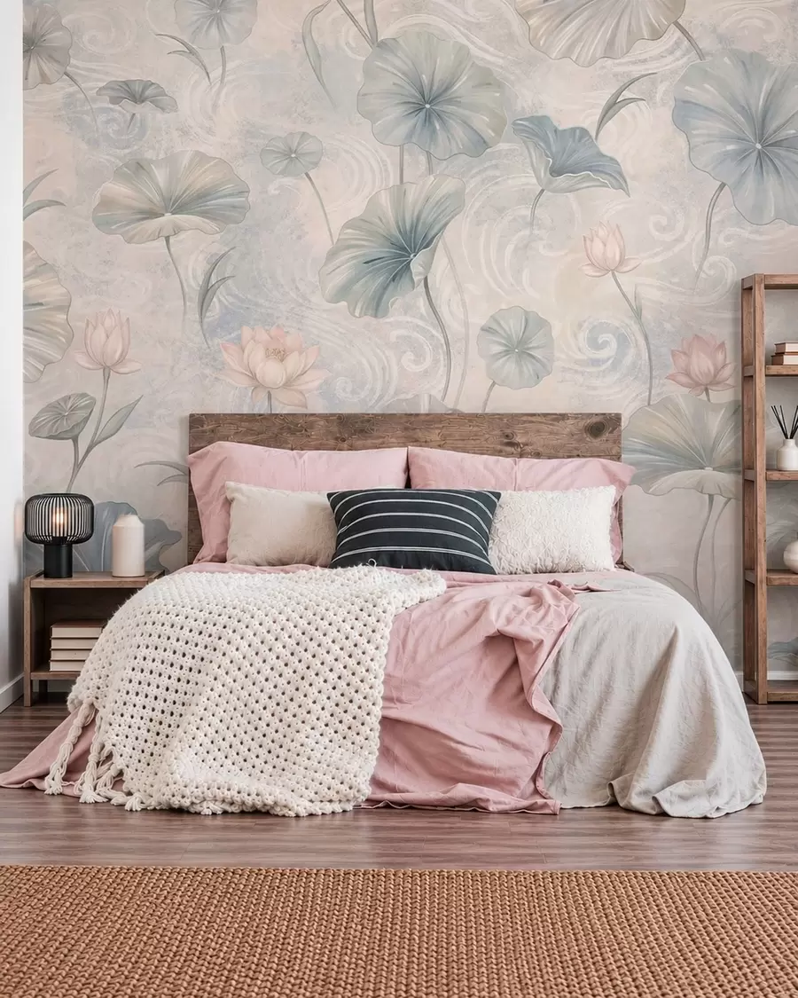 murales de pared Hojas grandes y flores rosas sobre un fondo claro w05808