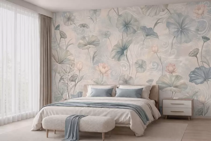 murales de pared Hojas grandes y flores rosas sobre un fondo claro w05808
