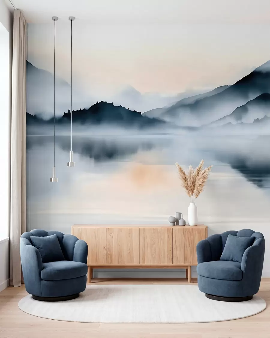 murales de pared Un lago con un telón de fondo de montañas envueltas en niebla, en estilo acuarela w10078