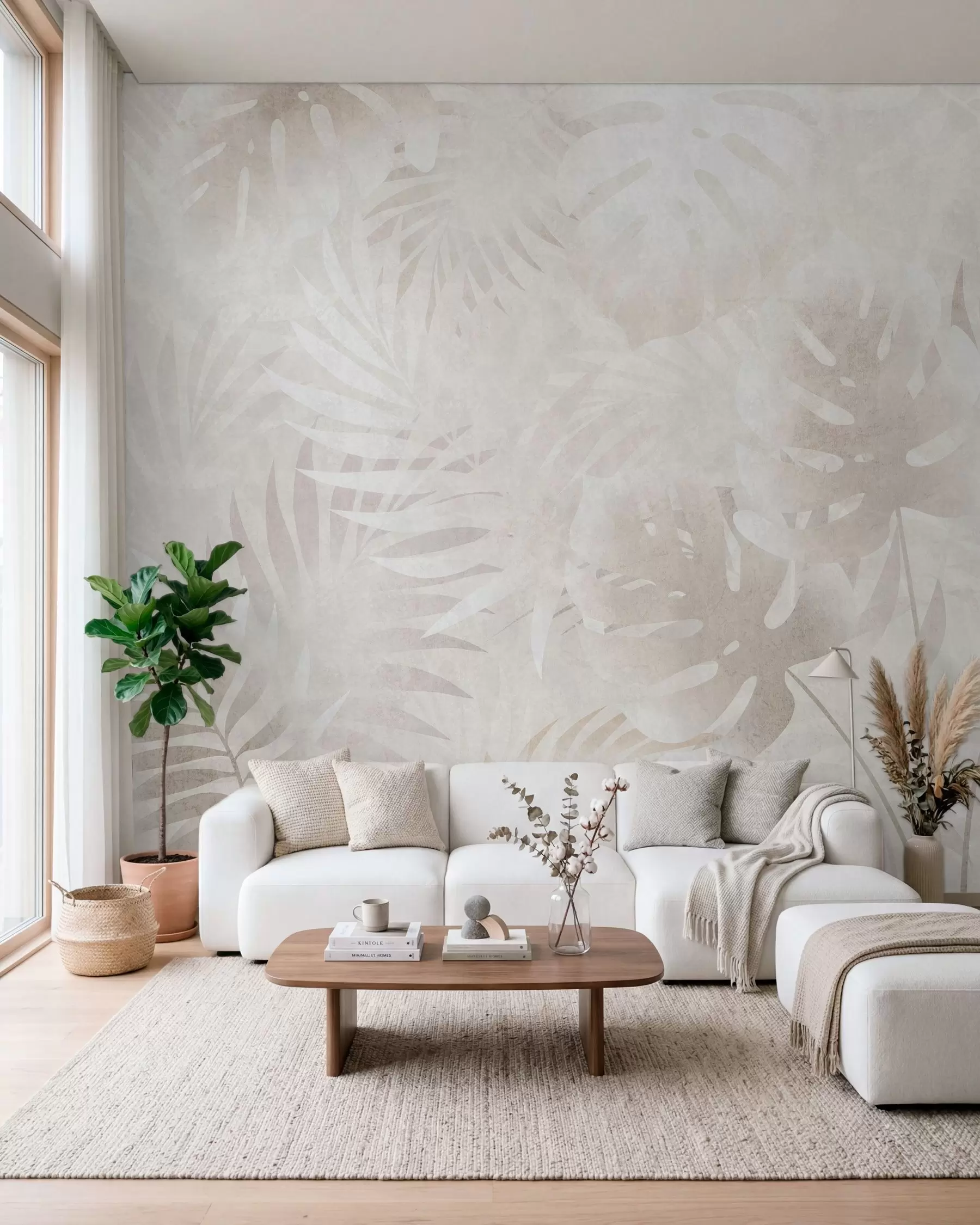 murales de pared Hojas tropicales con efecto grunge en tonos beige difuminados w10080