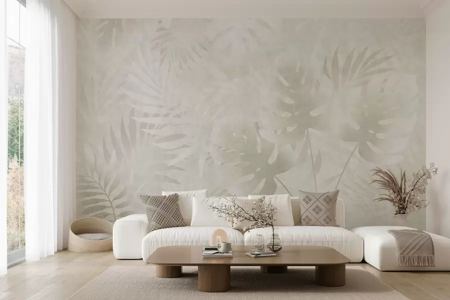 murales de pared Hojas tropicales con efecto grunge en tonos beige neutros w10080v1