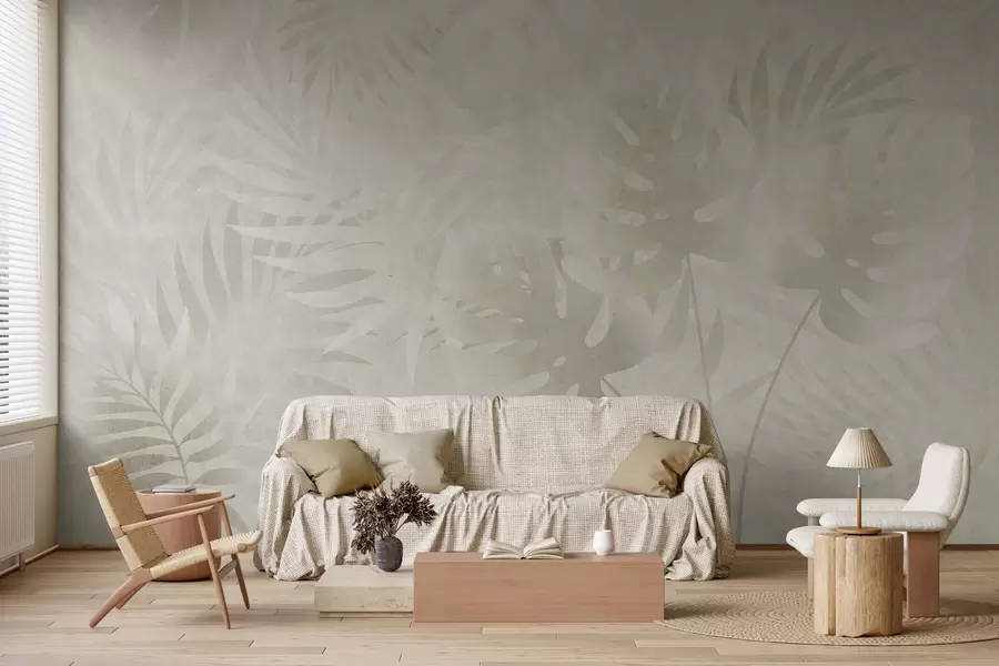 murales de pared Hojas tropicales con efecto grunge en tonos beige neutros w10080v1