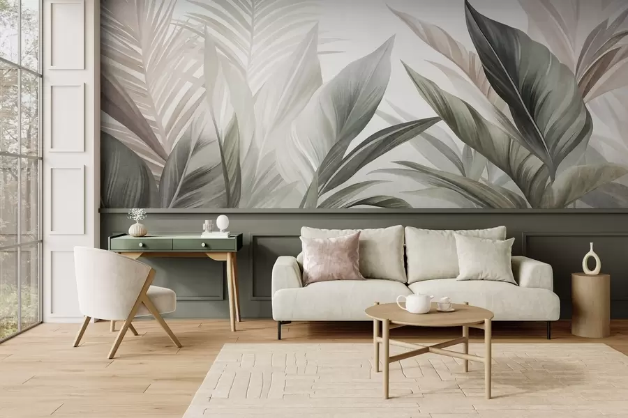 murales de pared Hojas tropicales en tonos verdes y rosas, con textura y de gran tamaño, arte moderno w10055
