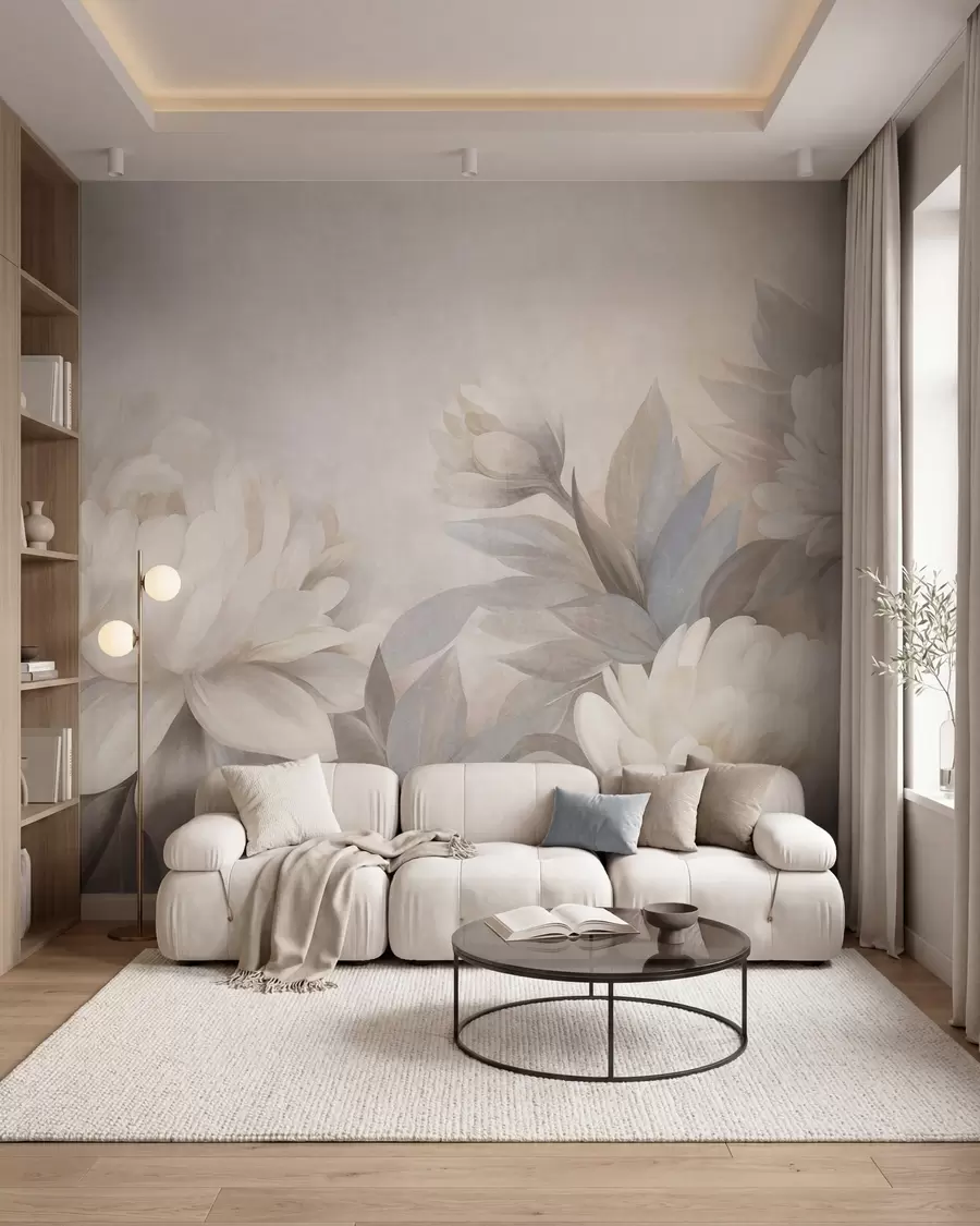 murales de pared Peonías con textura y hojas en tonos apagados, sobre un fondo en suaves tonos pastel w10061