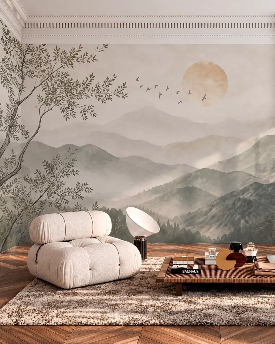 murales de pared Paisaje de montaña con un árbol, pájaros y el sol w05924