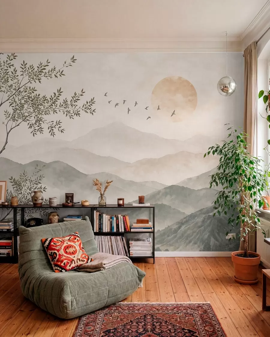 murales de pared Paisaje de montaña con un árbol, pájaros y el sol w05924