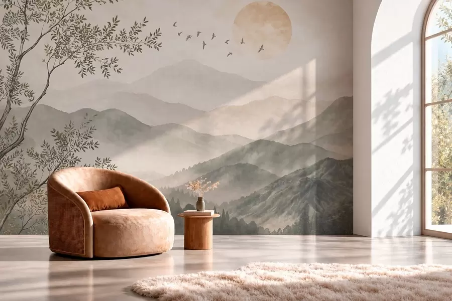 murales de pared Paisaje de montaña con un árbol, pájaros y el sol w05924