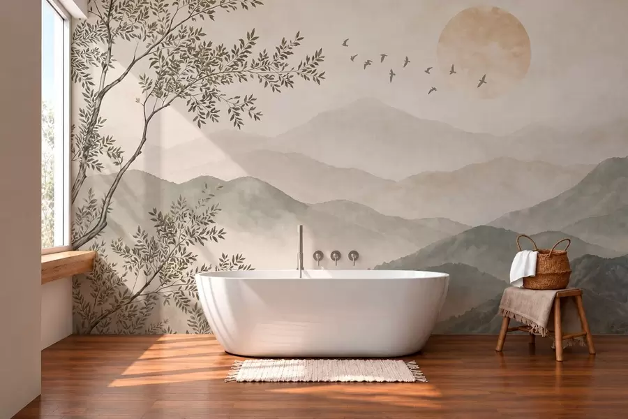 murales de pared Paisaje de montaña con un árbol, pájaros y el sol w05924