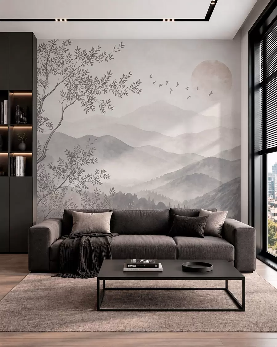 murales de pared Paisaje montañoso de tonos pálidos con un árbol y pájaros w05924v2