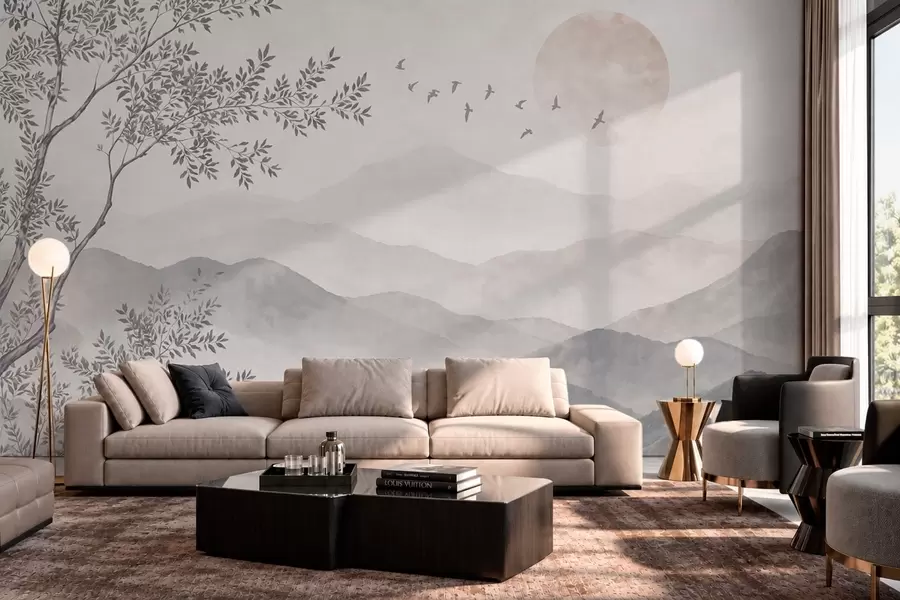 murales de pared Paisaje montañoso de tonos pálidos con un árbol y pájaros w05924v2