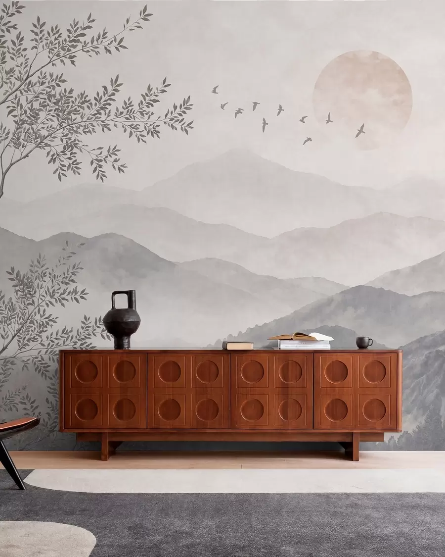 murales de pared Paisaje montañoso de tonos pálidos con un árbol y pájaros w05924v2