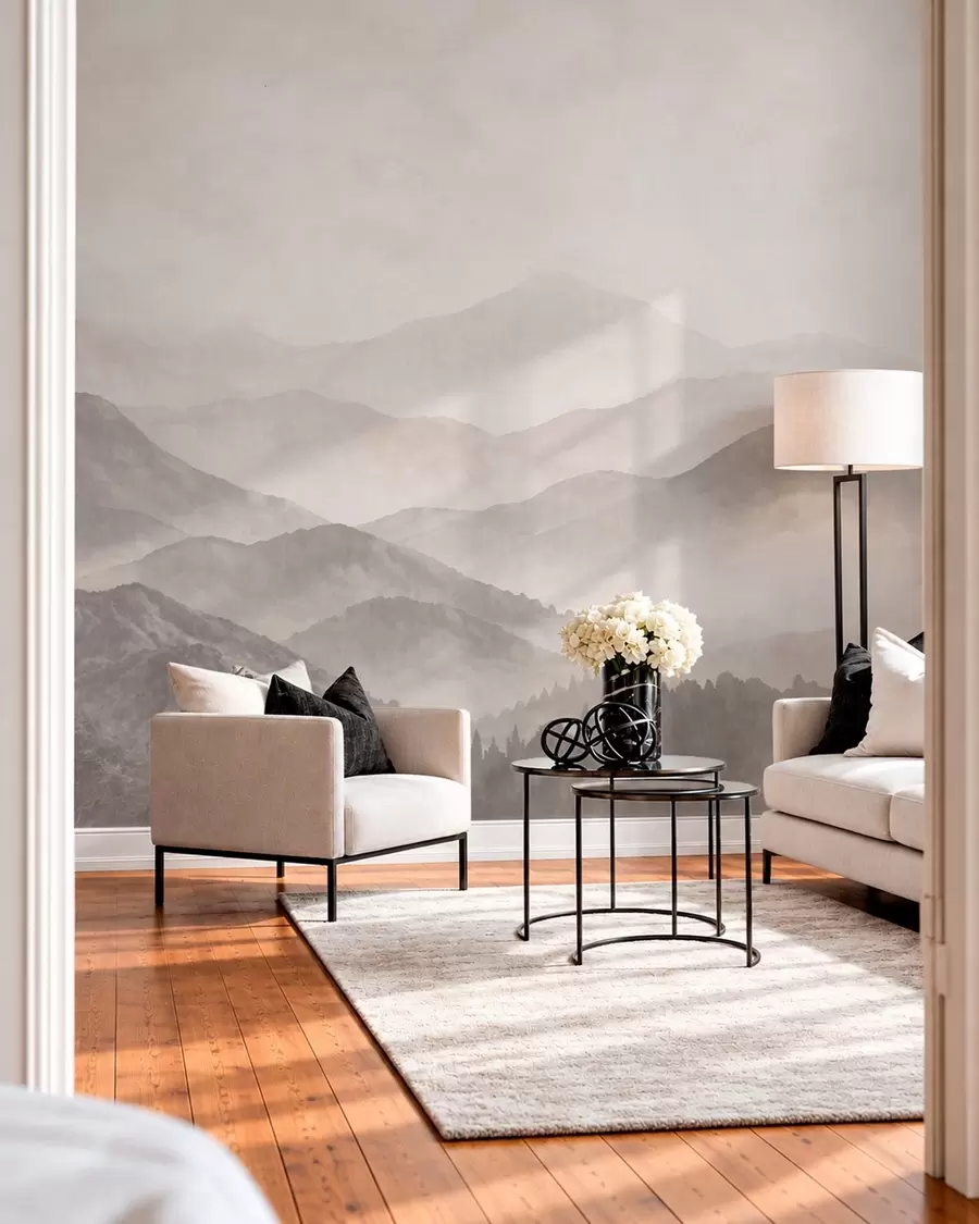 murales de pared Montañas brumosas en suaves tonos neutros w05925v1