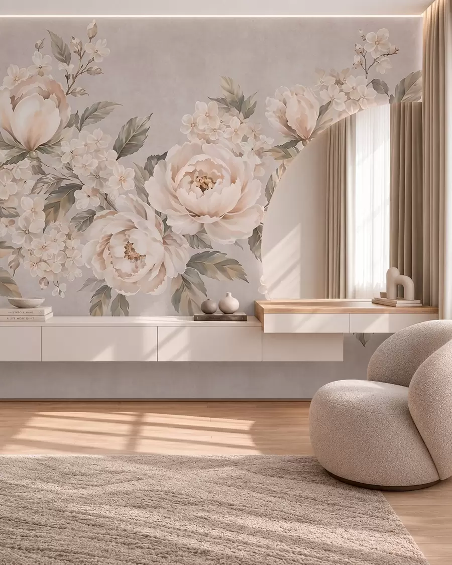 murales de pared Delicadas flores de color crema y hojas verdes en una gama de tonos pastel w05926