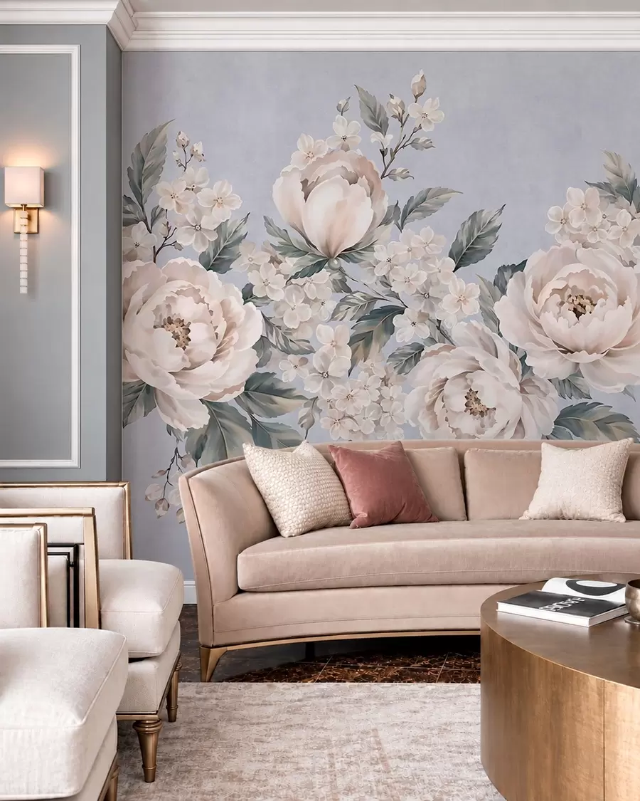 murales de pared Delicadas flores claras con hojas sobre un fondo azul w05926v1