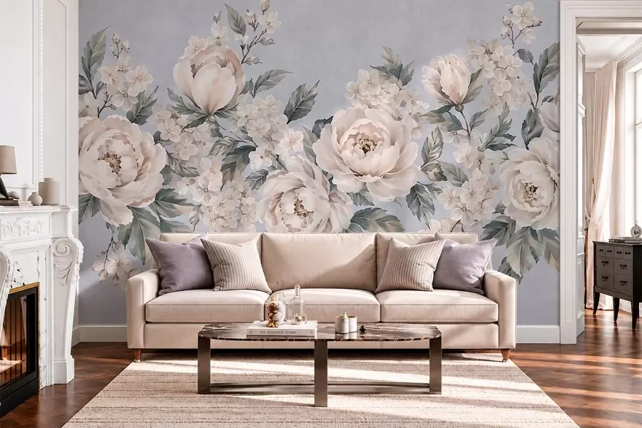 murales de pared Delicadas flores claras con hojas sobre un fondo azul w05926v1