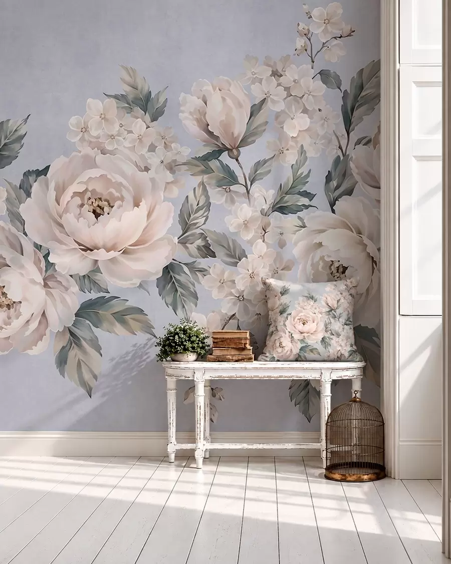 murales de pared Delicadas flores claras con hojas sobre un fondo azul w05926v1