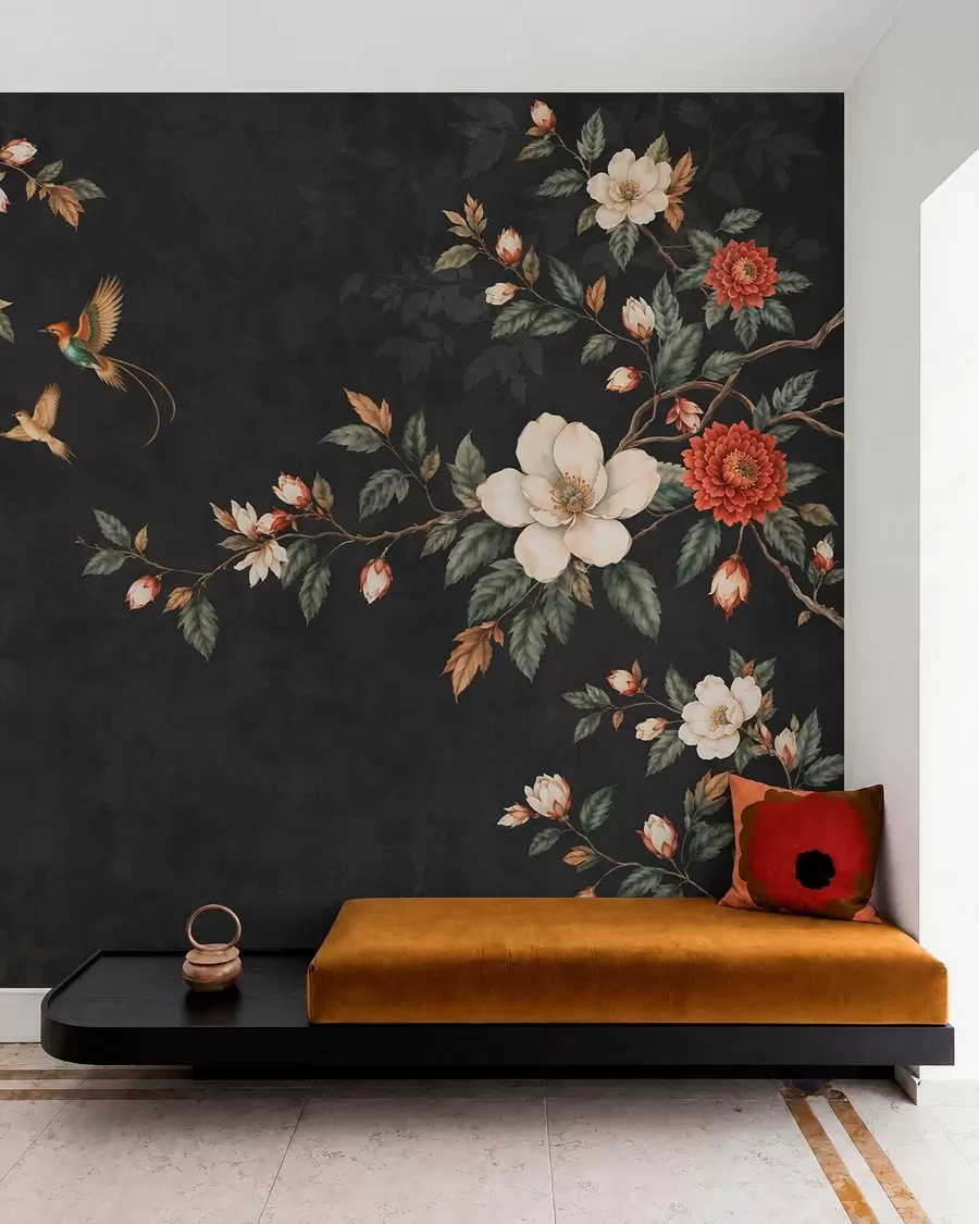 murales de pared Ramas en flor y dos pájaros sobre un fondo oscuro w05927