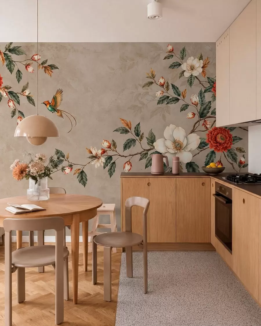murales de pared Flores, hojas verdes y dos pájaros sobre un fondo claro w05927v1
