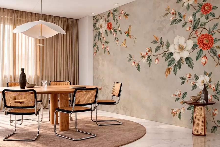 murales de pared Ramas en flor y dos pájaros sobre un fondo beige w05927v2