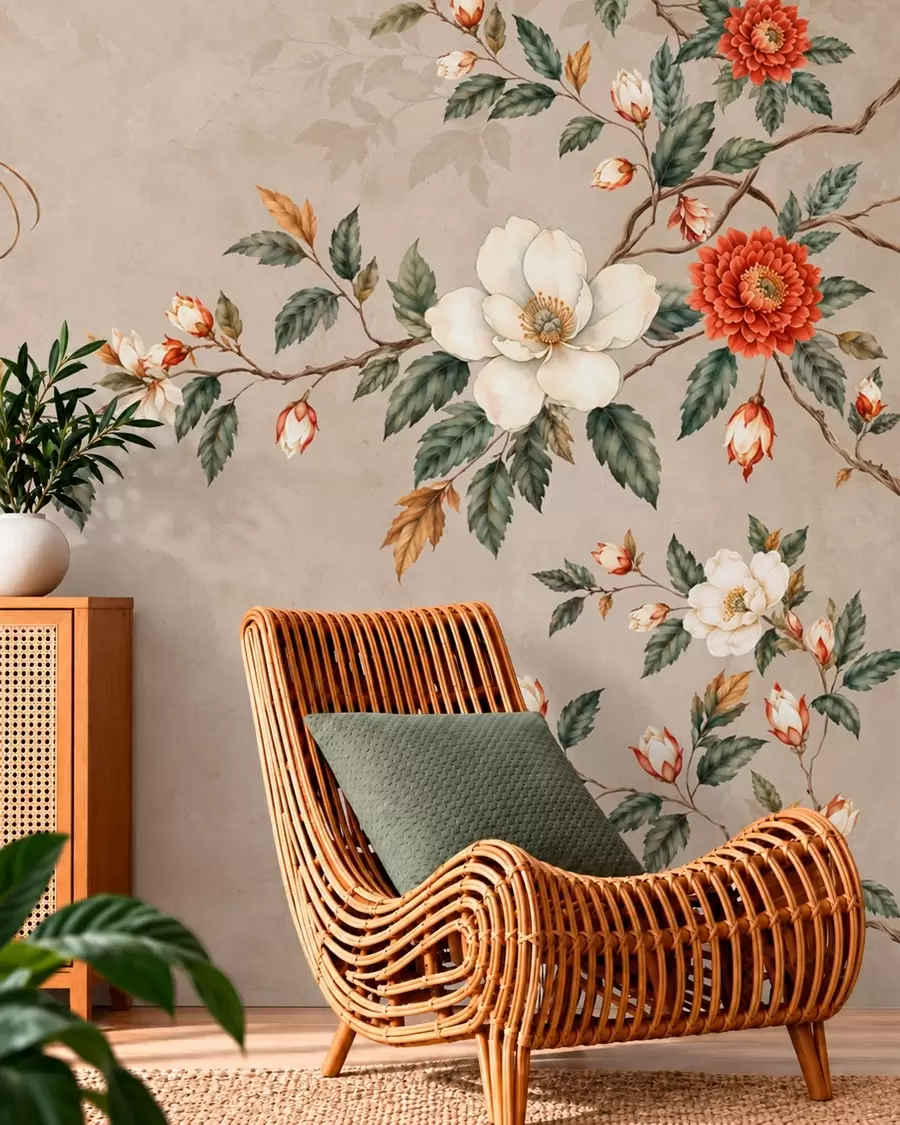 murales de pared Ramas en flor y dos pájaros sobre un fondo beige w05927v2