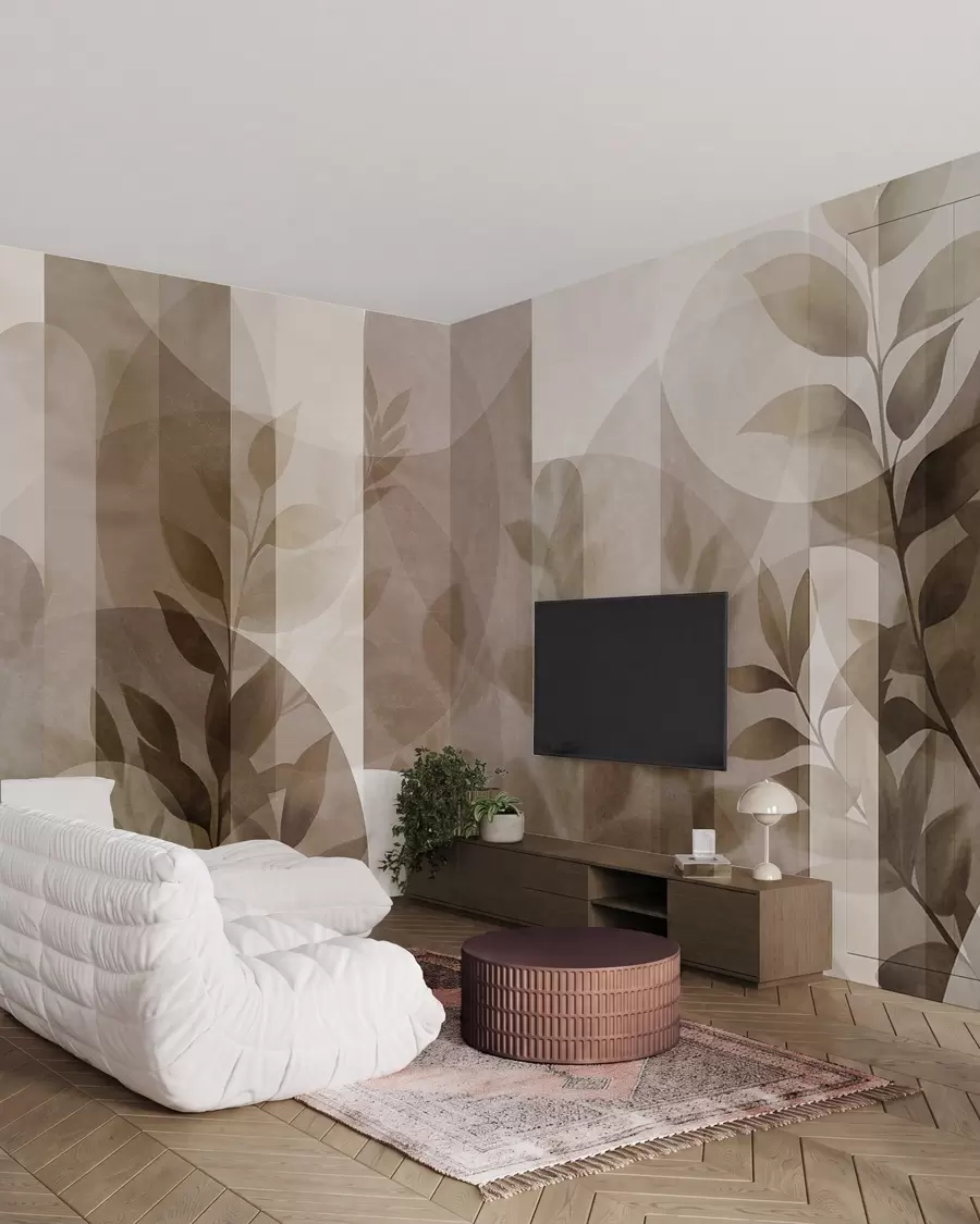 murales de pared Elementos geométricos abstractos y delicadas hojas en tonos apagados de marrón y beige w10088