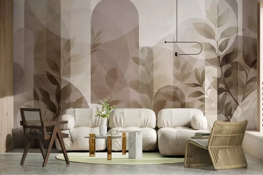 murales de pared Elementos geométricos abstractos y delicadas hojas en tonos apagados de marrón y beige w10088