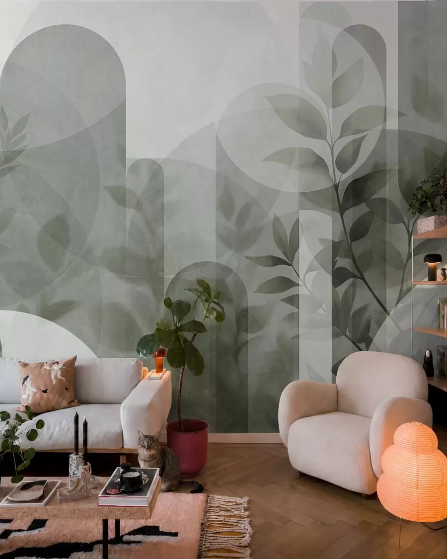 murales de pared Elementos geométricos abstractos y delicadas hojas en tonos verdes apagados w10088v1