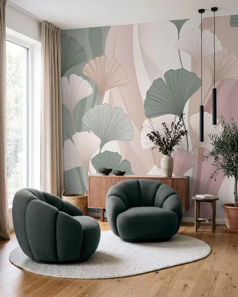 murales de pared Hojas de ginkgo en tonos pastel sobre un fondo abstracto en tonos de verde, crema, beige y rosa empolvado w10040