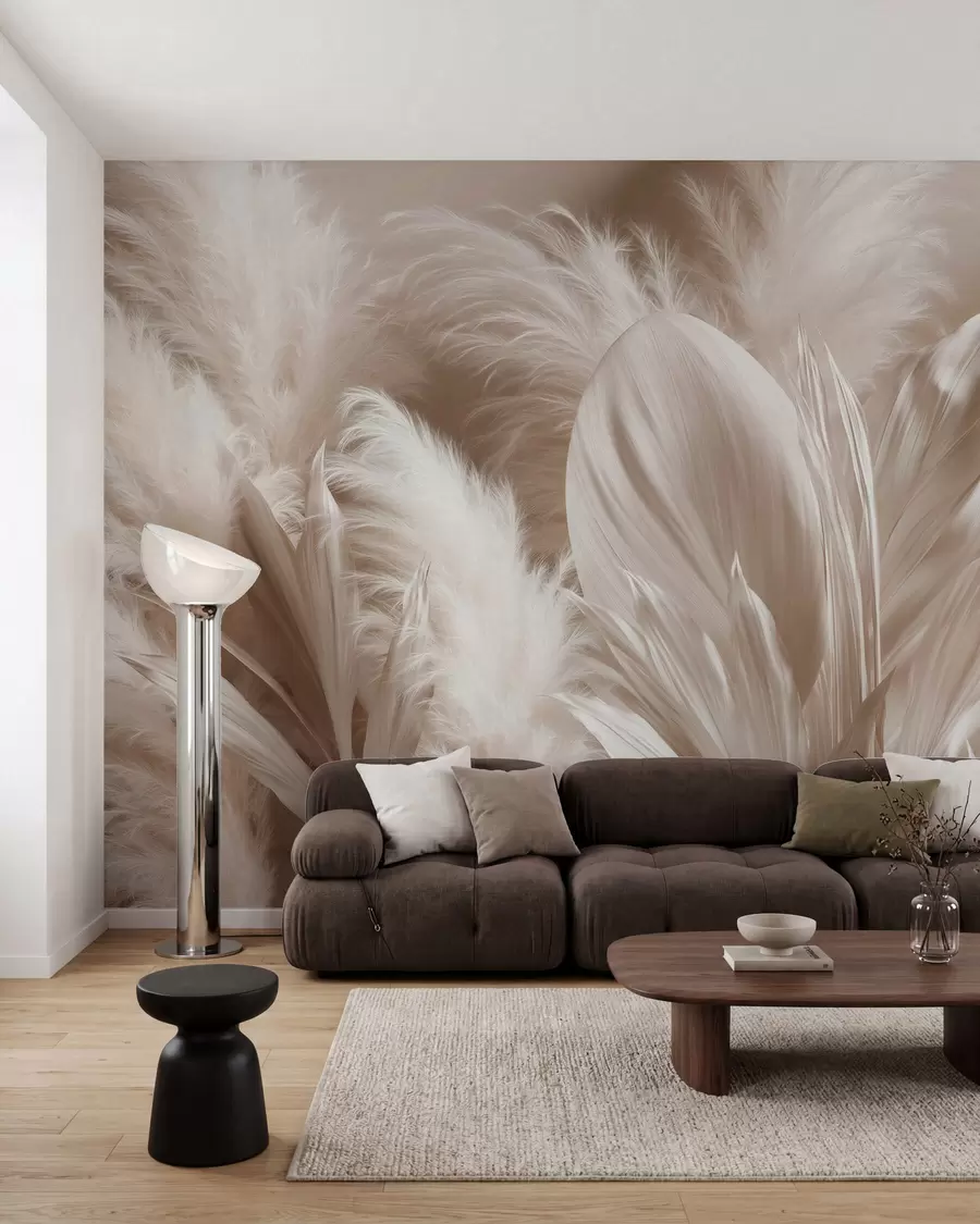 murales de pared Delicada composición de esponjosa hierba de la pampa y grandes hojas botánicas de tonos claros, en una paleta de colores crema y beige w10034