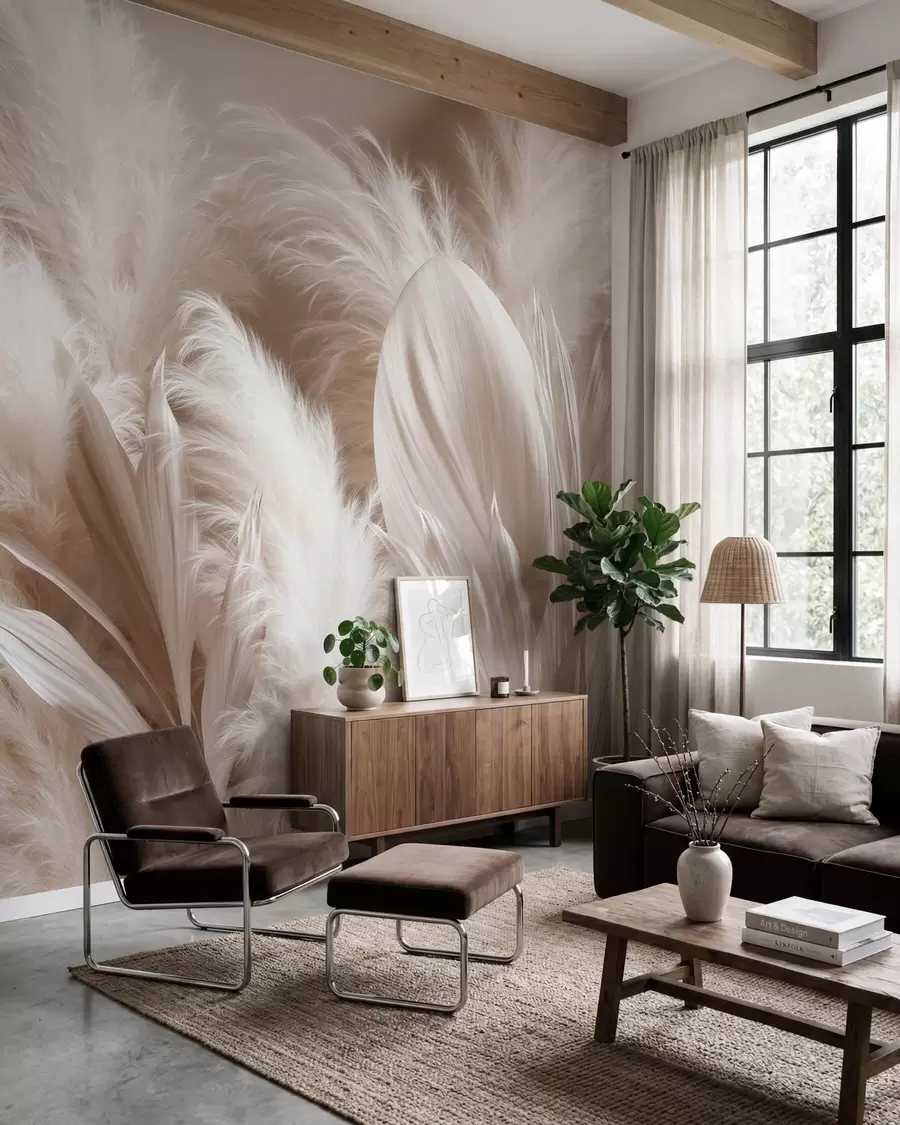 murales de pared Delicada composición de esponjosa hierba de la pampa y grandes hojas botánicas de tonos claros, en una paleta de colores crema y beige w10034
