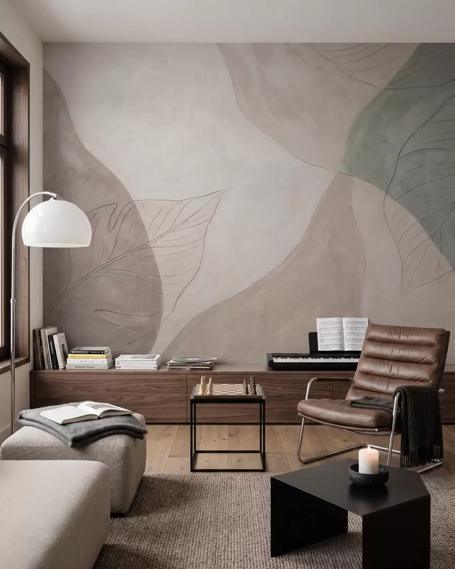 murales de pared Composición botánica abstracta con hojas grandes y formas orgánicas en tonos beige, crema y verde w10070
