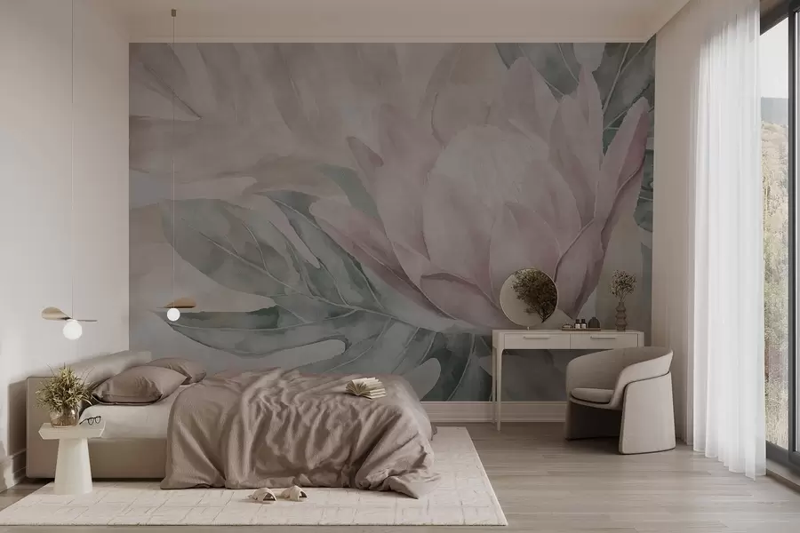 murales de pared Protea y hojas tropicales w09988