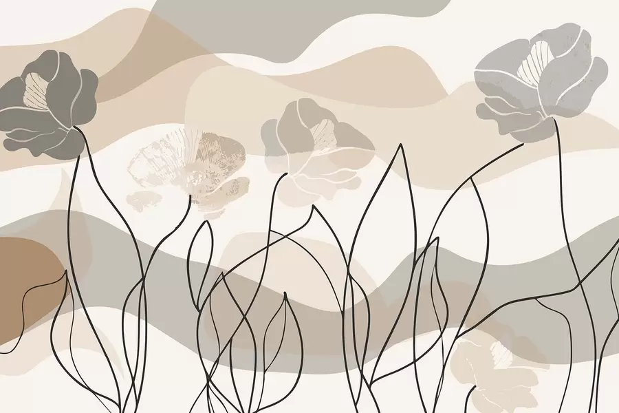 murales de pared Abstracción en beige con flores perfiladas w09989